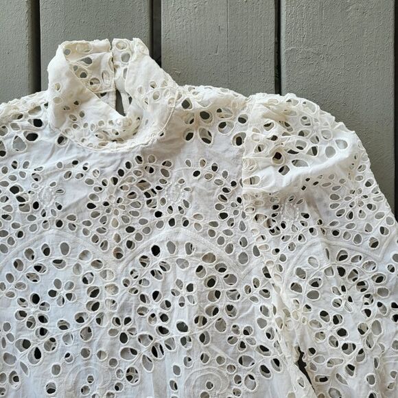 Women's White Sheer Eyelet Long Sleeves Puff‎ Shoulder Flounce Hem Mini Dress L - Picture 2 of 8